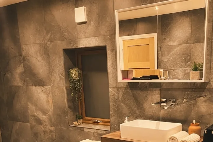 Warm bathroom lighting and plants against retained gray tile