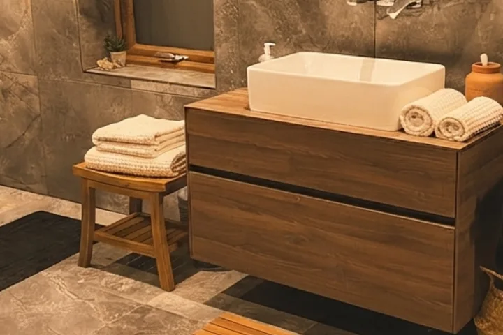 Warm storage accents and textiles beside the existing bathroom vanity