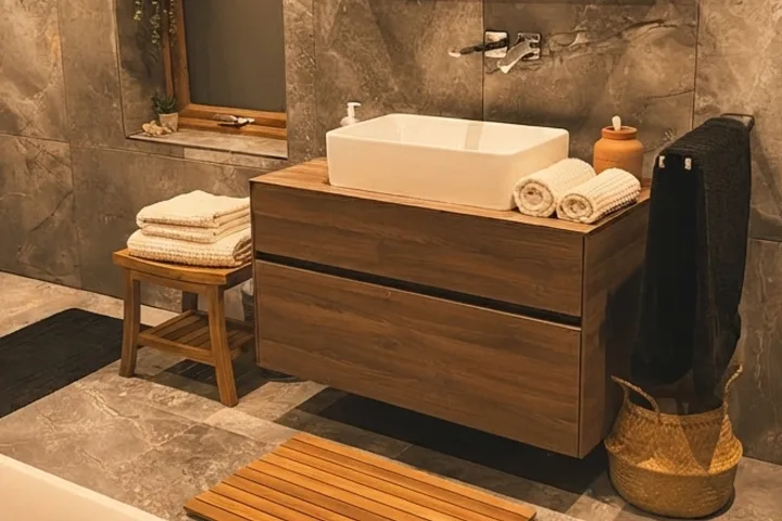 Textured towels, teak accents, and baskets around the retained vanity