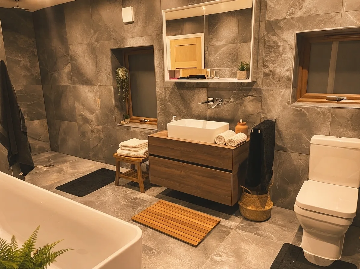 AI bathroom design concept with warmer light, teak, textiles, baskets, and plants